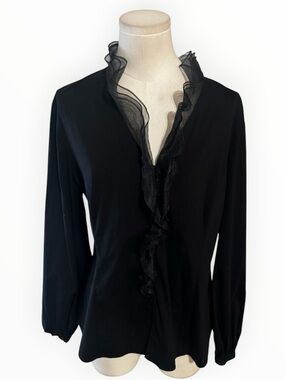 LAFAYETTE 148 New York Black Top Sheer Ruffle Detail Button Up Classic Party 12